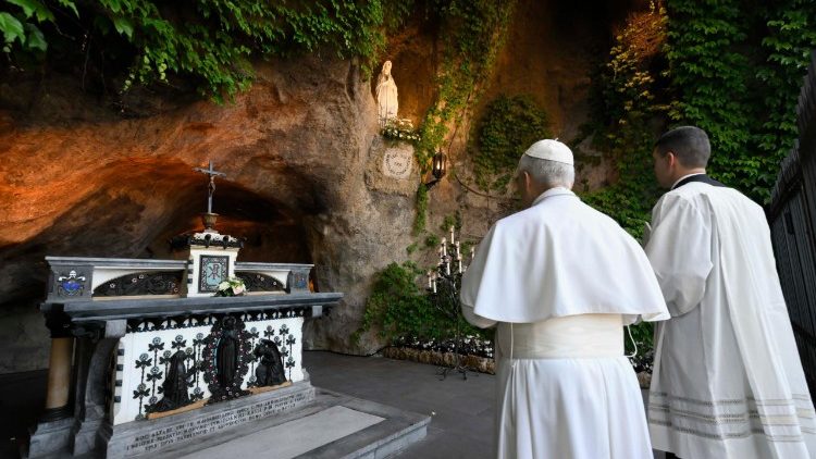 Pope Leo prays a Rosary for peace at the Grotto of Lourdes in the Vatican Gardens