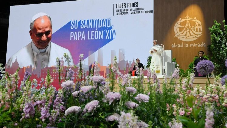 Pope Leo XIV addresses the public at Madrid's Movistar Arena