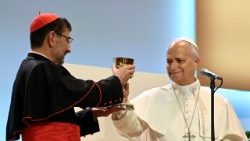 Pope Leo XIV gives Cardinal Cobo Cano a chalice as a gift for the Archdiocese of Madrid