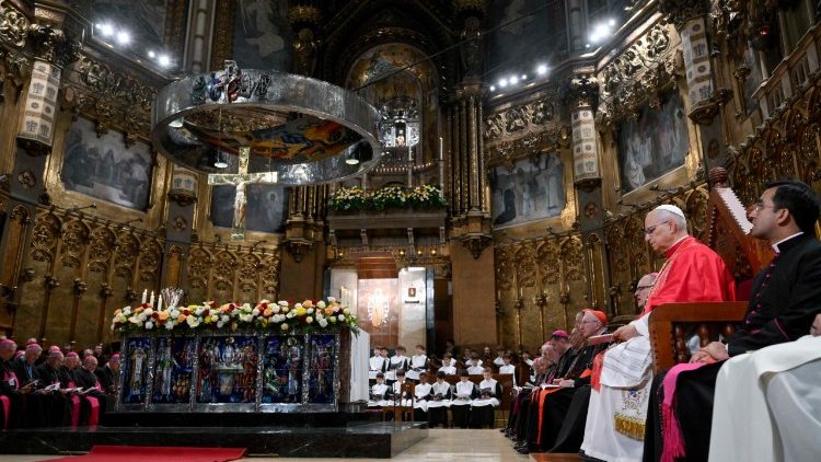 Pope Leo XIV recites the rosary at the Abbey of Our Lady of Montserrat