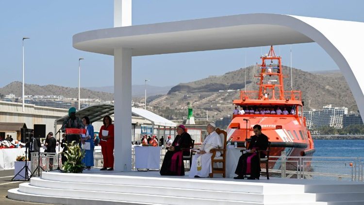 Pope Leo XIV at the meeting with migrants and those who rescue and accompany them in Las Palmas de Gran Canaria