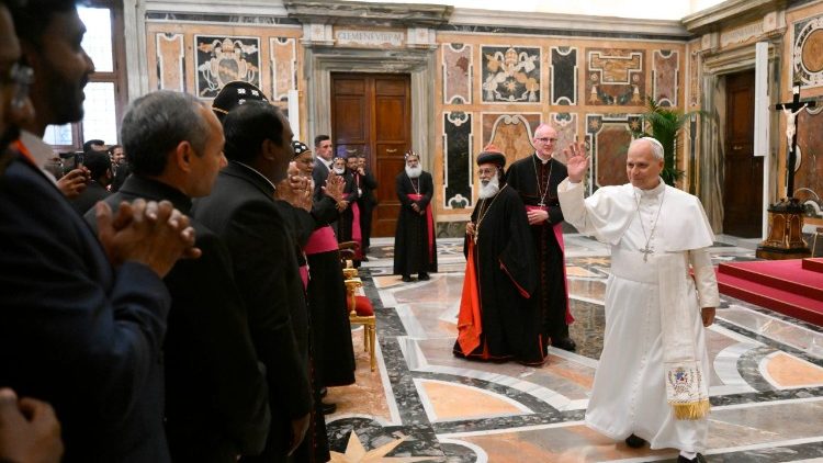 Il Papa mentre lascia la Sala Clementina