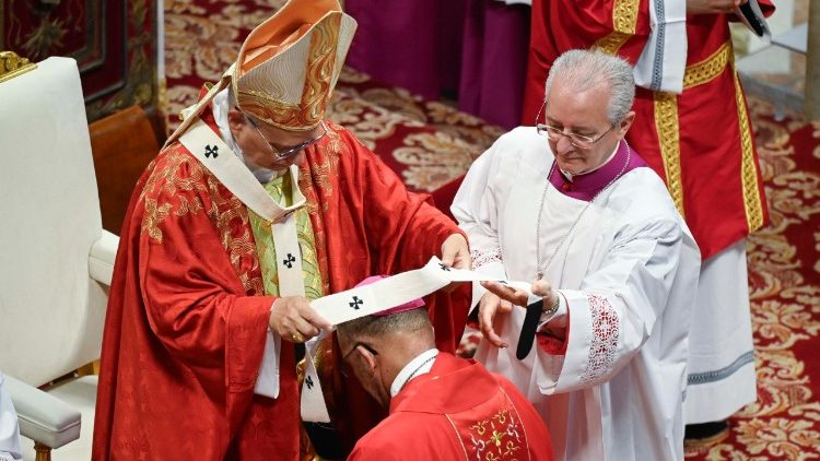 Papst Leo legt einem der neu ernannten Metropolitan-Erzbisch&ouml;fe das Pallium um