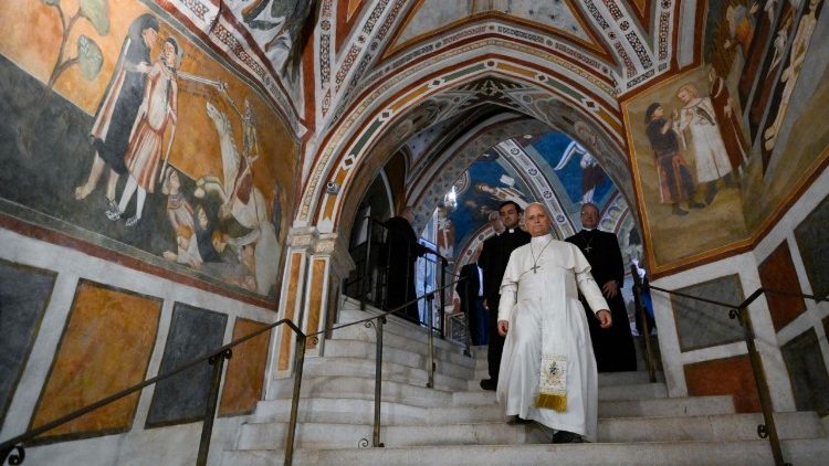 Un momento della visita del Papa nel complesso monastico di San Benedetto a Subiaco