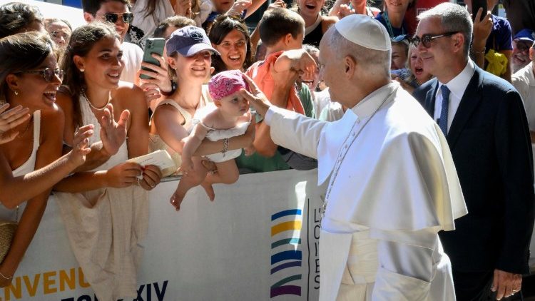 Pope Leo greeting crowds at the Rimini Meeting 2026