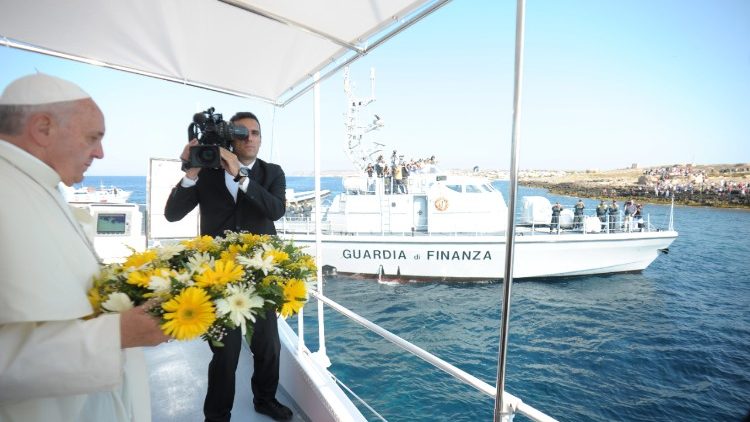 Pope Francis laying a wreath at sea in Lampedusa, Italy, remembering migrants who died at sea (July, 2013)