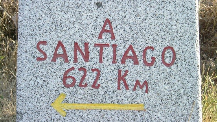 A mile marker on the road to Camino de Santiago