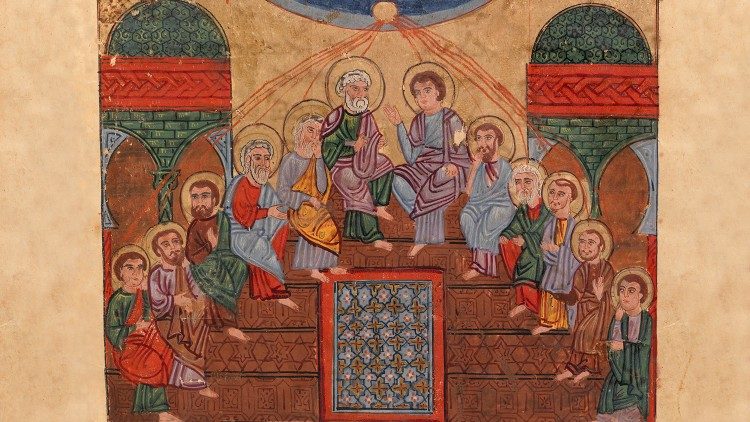 Ko je prišel binkoštni dan, so bili vsi zbrani na istem kraju. Prikazali so se jim jeziki, podobni plamenom, ki so se razdelili, in nad vsakim je obstal po eden.