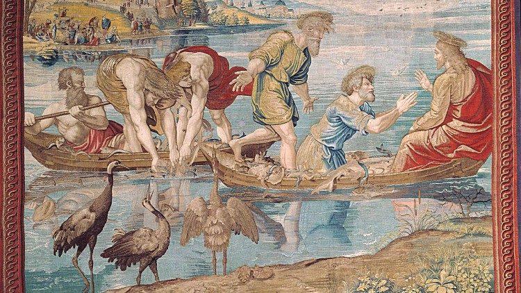 Tapiz: La pesca milagrosa, serie con los relatos de los Hechos de los Apóstoles (conocido como Escuela Antigua) © Museos Vaticanos