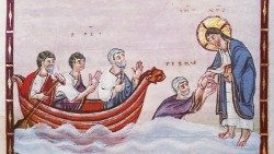 Jesus zieht Petrus aus dem Wasser: Miniatur aus dem Codex Egberti