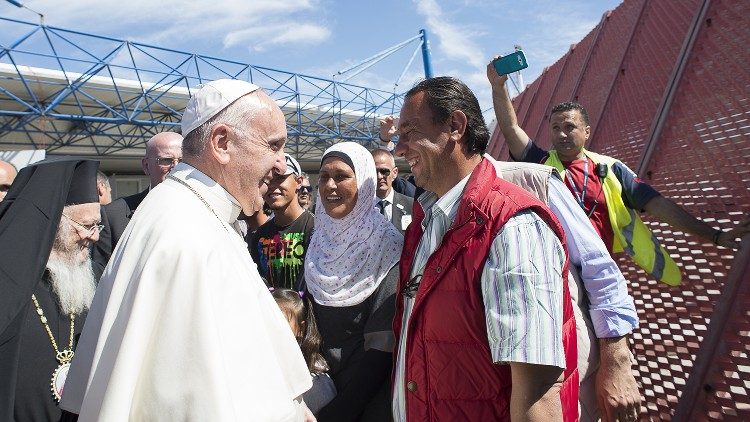 Pope Francis visiting refugees and migrants on the Greek Island of Lesbos in 2016