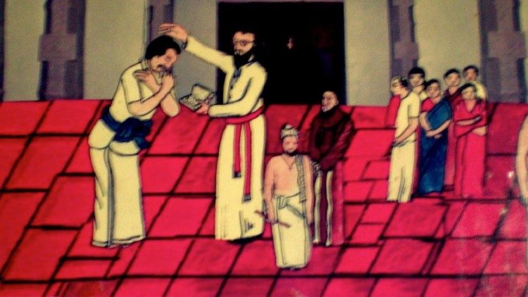 Der heilige Lazarus Devasahayam empf&auml;ngt die Taufe: Darstellung aus Indien