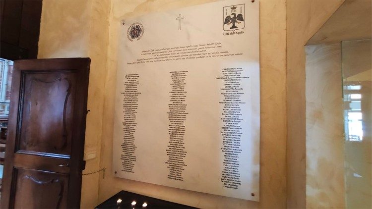 Los nombres de las víctimas del terremoto de 2009 en la iglesia de Santa María del Sufragio.