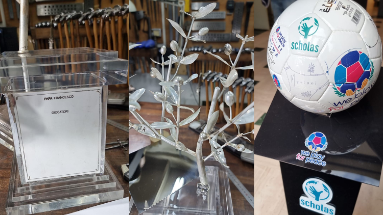 Image of the olive tree trophy, created by Adrian Pallarols, that would be signed to remember Diego Maradona, ahead of the 2022 Match for Peace