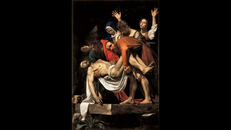 Jesus tas ned av korset. Nikodemus er han som ser mot oss. Maleri av Caravaggio