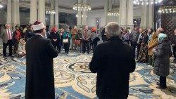 L'imam Nader Akkad (a sinistra di spalle) e don Giuliano Savina della Cei (a destra) nella sala di preghiera della Grande Moschea di Roma, insieme ai partecipanti all'incontro