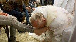 Pope Francis during the rite of the washing of the feet at the juvenile prison of Casal del Marmo