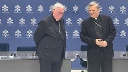 Cardinals Hollerich (L) and Grech (R) present the changes to the Synod at the Holy See Press Office