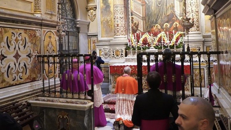 Il cardinale Pietro Parolin in preghiera davanti all'icona della Madonna Bruna di Montevergine