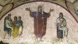 Fresko aus dem 3. Jahrhundert in den Katakomben der Priscilla. Dieses Bild deutet darauf hin, dass die Verstorbene, wie Grapte, in den Witwenorden aufgenommen wurde (Foto mit freundlicher Genehmigung von Rebecca Parrish)