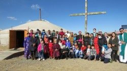 Cardinal Marengo with faithful Christians in Ulaanbaatar, Mongolia