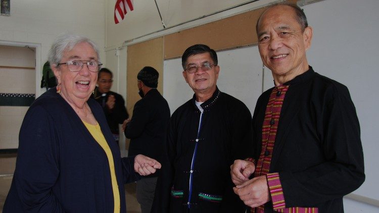 Sister Michaela and two Kmhmu’ leaders: Manh Phongboupha (right), and Chomkeo Maneevorn, President and Vice-President of the Kmhmu’ Pastoral Center Council
