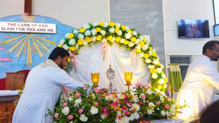 An altar is set up at the Jaago Yatra venue