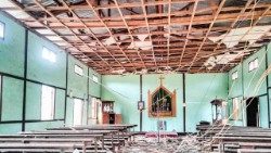 A parish church hit by bombing in Myanmar