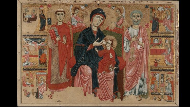 Mestre da Madalena, Virgem do Leite  entre São Leonardo de Limousin, São Pedro, anjos e histórias de São Pedro, final do século 13, Galeria de Arte da Universidade de Yale