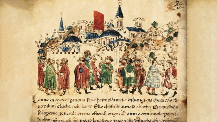 Los peregrinos llegan a Roma, ilustración del manuscrito "Crónicas" de Giovanni Sercambi, XIV, Archivo de Estado, Lucca