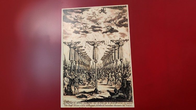 Jacques Callot, Morte per crocifissione dei 26 martiri di Nagasaki(5 febbraio 1597), acquaforte, 80x128 mm, 1627-1628