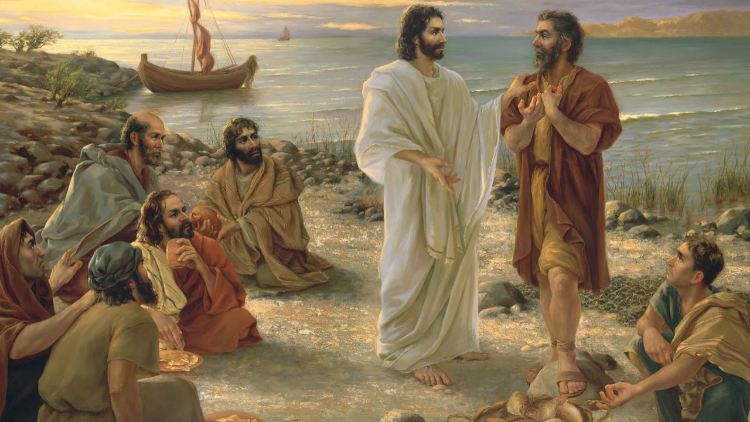 Jesus mit Petrus und weiteren Aposteln am See