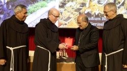 Cardinal José Tolentino de Mendonça, Prefect of the Dicastery for Culture and Education, receives a medal on the occasion of the 100th anniversary of the Franciscan Biblical College in Jerusalem