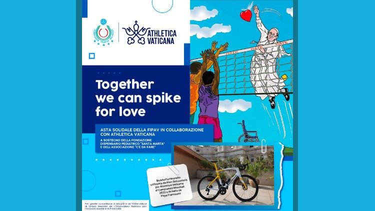 O cartaz do leilão esportivo solidário da FederVolleyball italiana e da Athletica Vaticana
