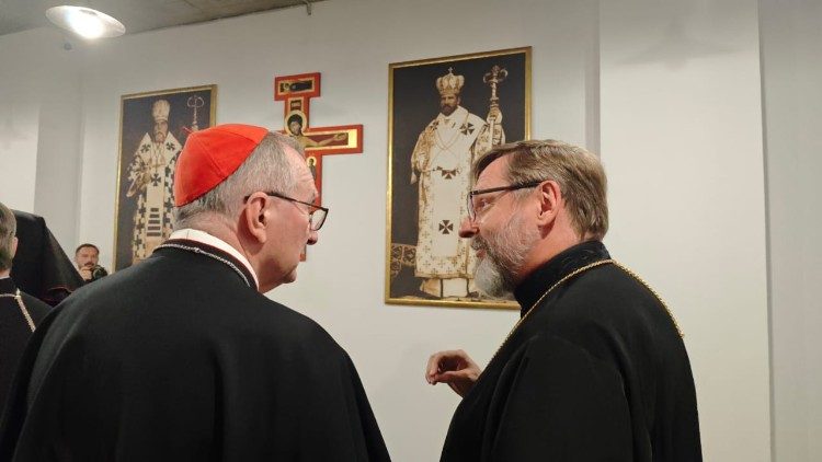 Cardinal Pietro Parolin at the headquarters of the Major Archbishop of the Ukrainian Greek Catholic Church, His Beatitude Sviatoslav Shevchuk.