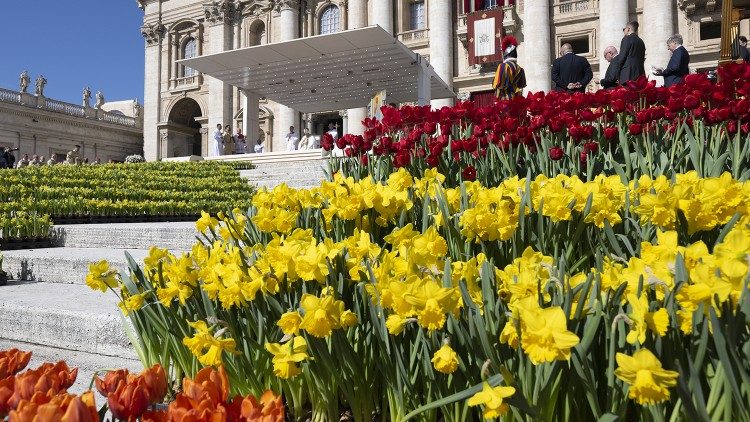 Кветкі на плошчы святога Пятра ў Вялікдзень, 9 красавіка 2023 года