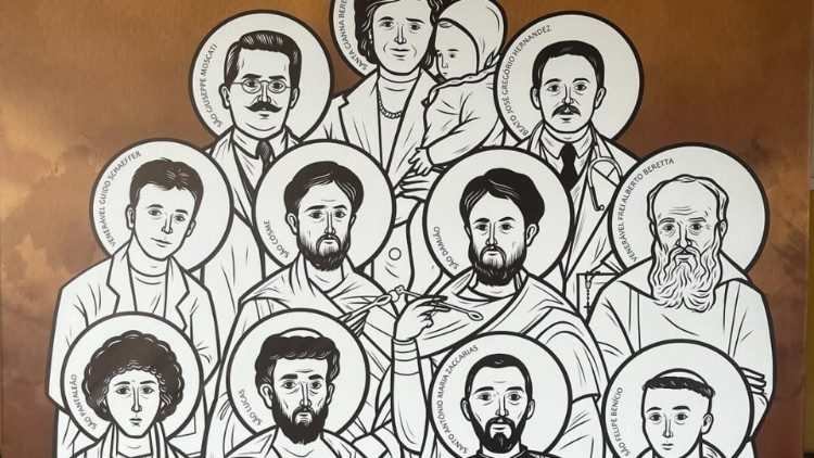 Mural do evento com imagens de santos m&eacute;dicos.