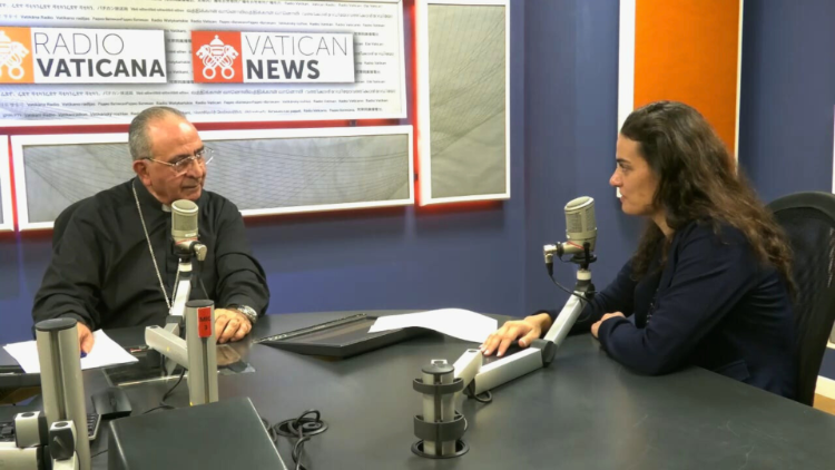 Bishop Simon Faddoul with Nour El Khoury at Vatican News' studios