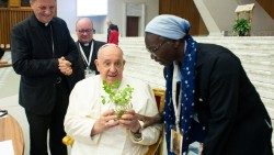 Pope Francis holds a plant at the Synod second session in October 2024