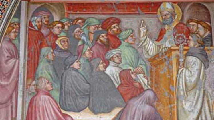 2025.08Agostino ascolta la predicazione di Ambrogio, Ottaviano Nelli, affresco, Storie di Sant’Agostino, Gubbio (Perugia), Chiesa di Sant’Agostino, da Opera Omnia di Sant'Agostino, Iconografia Agostiniana, Il Quattrocento, Primo Tomo, Città Nuova Editrice