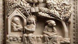 Šv. Augustino atsivertimo scena ant šventojo relikvijų skrynios Šv. Petro aukso danguje bazilikoje Pavijoje