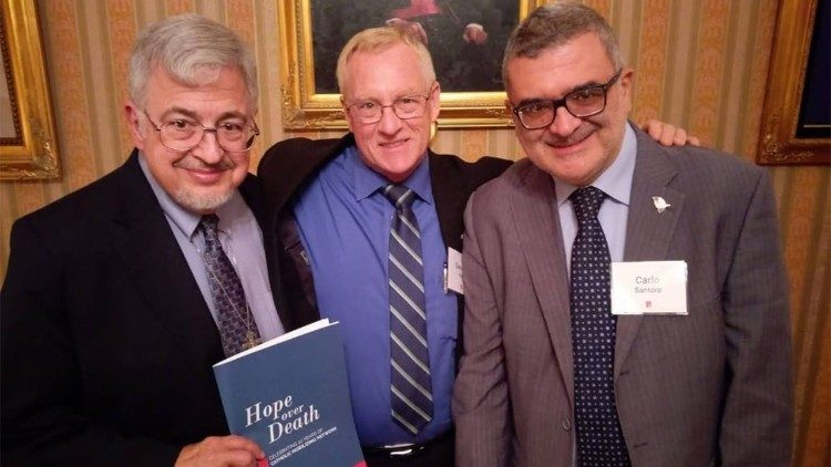 George Kain (centre) along with Brother Dale Recinella (L) death row chaplain in Florida and Carlo Santoro (R) from the Community of Sant'Egidio