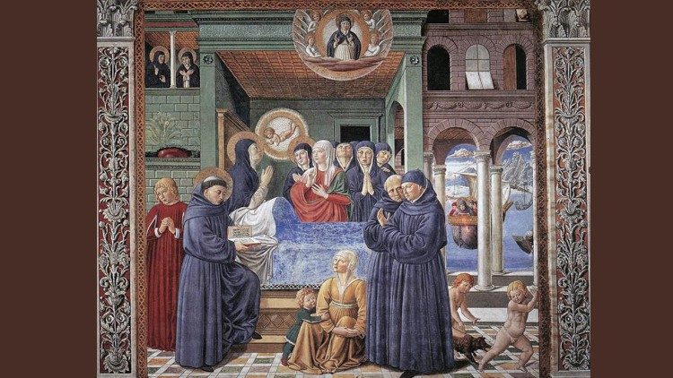 2025.08.27 Benozzo Gozzoli, Morte di santa Monica, 1464-65, affresco, San Gimignano, Chiesa di Sant’Agostino