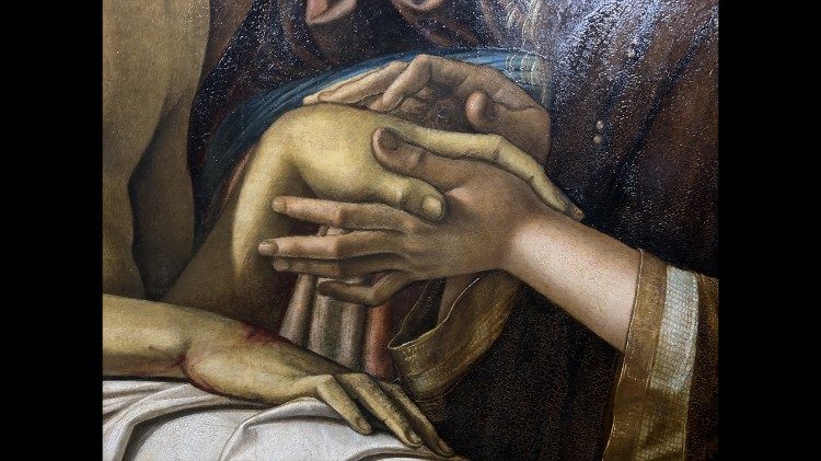 Un dettaglio delle mani del  Compianto sul Cristo morto di Bellini
