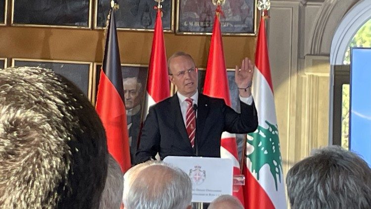 The Grand Hospitaller of the Order of Malta, Josef D. Blotz, speaking at the conference on rebuilding Lebanon
