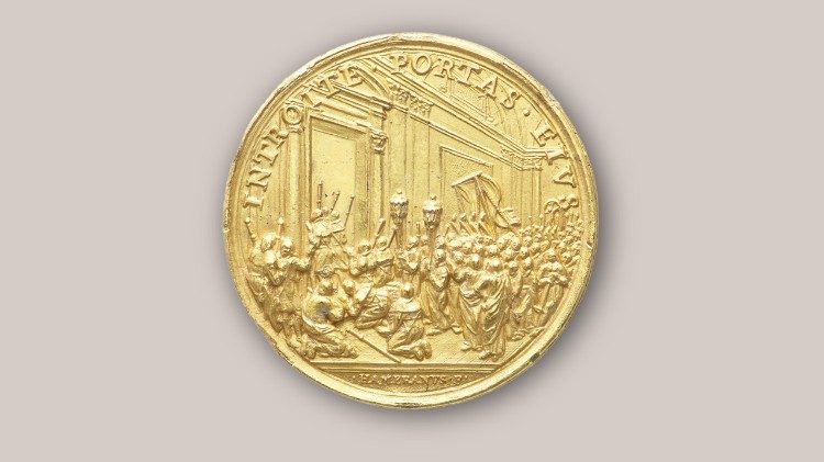 Giovanni Martino Hamerani, medalla anual del año IX de su pontificado celebrando el Año Santo de 1700 (1700). BAV. Md. Pont. Innocentius XII. 71 