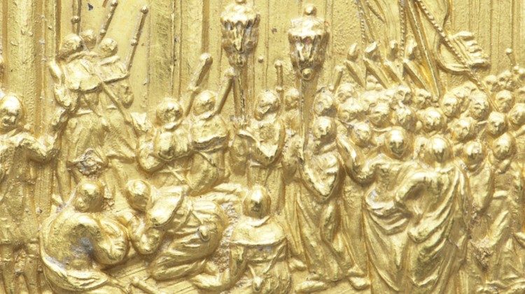 Die Öffnung der Heiligen Pforte. - Giovanni Martino Hamerani, Jahresmedaille des Jahres IX seines Pontifikats zur Feier des Heiligen Jahres 1700 (1700). BAV. Md. Pont. Innocentius XII. 71 (Ausschnitt)