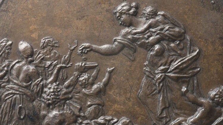 Caridad - Ferdinand de Saint Urbain, medalla conmemorativa de las obras del pontífice en favor de los necesitados (sin fecha) BAV. Md. Pont. Innocentius XII. 84 (detalle)