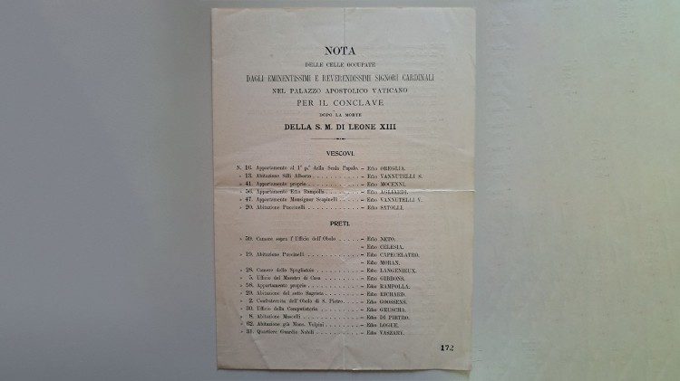 Nota das celas ocupadas durante o Conclave de 1903. (© Archivio Apostolico Vaticano)