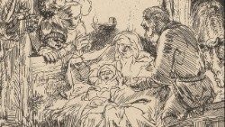 Rembrandt Harmenszoon van Rijn (Leiden 1606-Amsterdam 1669), [Adoración de los pastores con una lámpara], primer estado, aguafuerte y grabado, alrededor de 1654. BAV, Stampe V.98, lámina 3